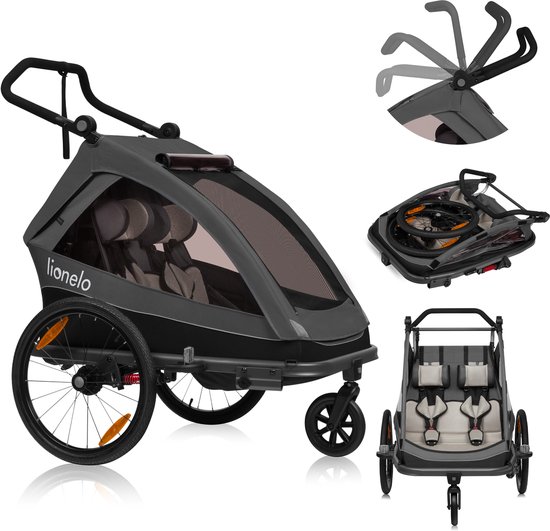 Lionelo Fietskar 2in1 - Fiets aanhanger + Kinderwagen voor 2 Kinderen - 360° Voorwiel - 60L Bagageruimte - Full Vering - 5-Punts Gordels - Grote Luchtbanden - UPF50+ & Waterafstotend - Kinderfietskar & Buggy Inklapbaar - Wandelwagen - Tot 2x22 kg
