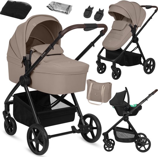 Lionelo Greet 3 in 1 Kinderwagen – Reiswieg, Wandelwagen & Astrid Lite i-Size Autostoel – Omkeerbare Zitting – XXL Zonnekap UPF50+ – Verstelbare Duwstang – Vering op Alle Wielen – Inclusief Accessoires – Tot 22 kg