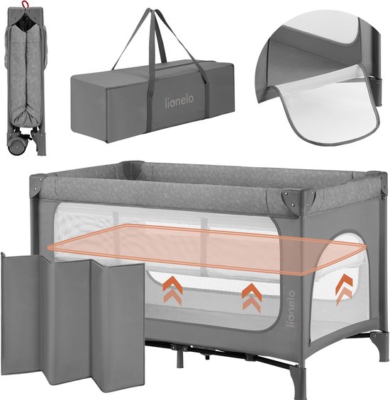 Lionelo Jasmin Easy Fold Campingbedje – Snel opvouwbaar systeem – 2 matrashoogtes (T25) – Zijdeur met rits – Gaaswanden – 2 wielen met rem – Stalen frame – Reistas inbegrepen – 0-36 maanden – Reisbedje met zijvak – Compact & draagbaar