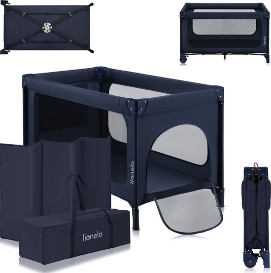 Lionelo Jasmin Easy Fold Reisbedje – 2 Hoogtes Matras T25 – Opvouwbaar in seconden – Inclusief Reistas – Gaaswanden – Zijdeur met Rits – 2 Wielen met Rem – Vanaf 0 tot 36 maanden – Stalen Frame – Easy Fold systeem van LIONELO