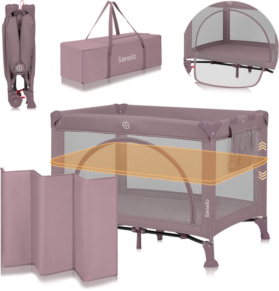 Lionelo Laura - Compact 3 in 1 Campingbedje, Box & Babybed - Lichtgewicht - 2 Hoogtes - Wielen met Rem - Gaas Zijpanelen & Peuter Ingang - Inclusief Draagtas & Opbergzak - Reisbedje