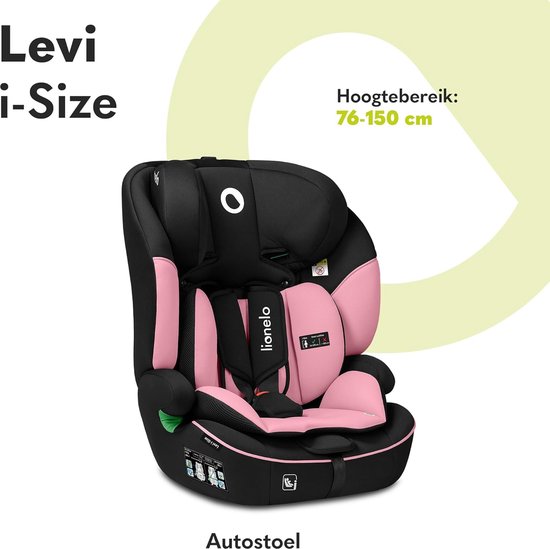 LIONELO Levi i-Size Autostoeltje, 76-150 cm Groep 1/2/3, Veilige 10-Standen Verstelbare Hoofdsteun, Memory Foam, R129, Universele Installatie, Afneembare Rugleuning, Kinderautostoel Baby (Roze) van Lionelo
