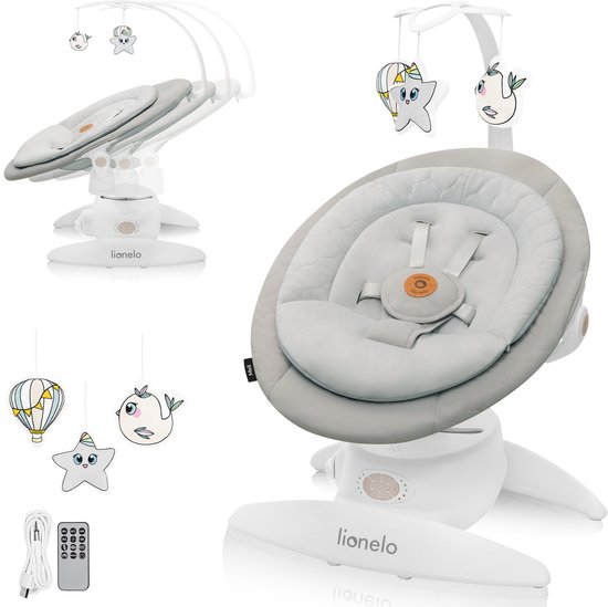 Lionelo Mell Wipstoel – Afstandsbediening & Bluetooth – Elektrische Babyschommel – 360° Draaibaar – 5 Snelheden – 3 Rugstanden – Bewegingssensor – Timer – 14 Melodieën – Speelboog – Bamboekussen – Wasbare Bekleding – Baby Schommelstoel van Merkloos
