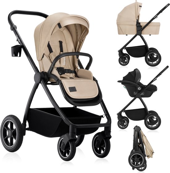 Lionelo Meril 3in1 Kinderwagen - Buggy - XL Reiswieg, Wandelwagen & ADAC-gecertificeerd Autostoeltje - All-Terrain Wielen - Compleet Accessoireset - UPF50+ van Merkloos