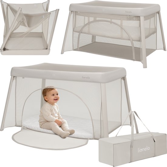 Lionelo Mila – 2 in 1 Reisbedje & Campingbed – Lichtgewicht – 2 Hoogteposities – 4 cm T25 Matras – 360° Mesh Ventilatie – Snel Compact Opvouwbaar – Zij-ingang met Rits – Inclusief Draagtas – Afneembare Wasbare Hoes