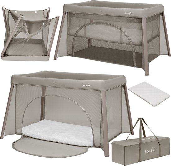 Lionelo Mila – 3 in 1 Reisbedje, Box en Campingbed – Lichtgewicht – 2 Hoogteposities – 4 cm T25 Matras – 360° Mesh Ventilatie – Snel Compact Opvouwbaar – Zij-ingang met Rits – Inclusief Draagtas – Afneembare Wasbare Hoes