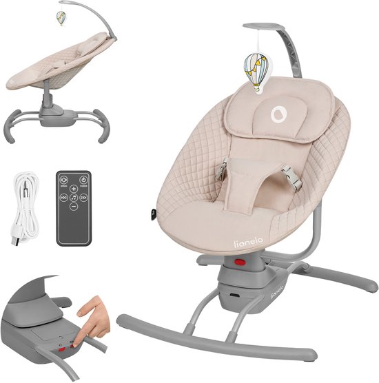 Lionelo Rio Elektrische Wipstoel – Tot 9 kg – 3 Schommelsnelheden – 8 Melodieën & Natuurgeluiden – Ergonomisch Kussen – Afstandsbediening – Afneembare Speelboog met Speeltje – Wasbare Bekleding – 3-Puntsgordel – Batterij/Netvoeding – EN 12790-1:2023