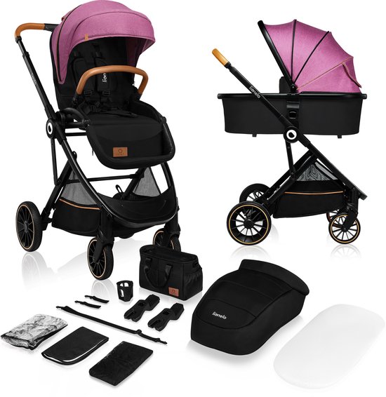 Lionelo Riya - Kinderwagen 2 in 1 - Wieg + Wandelwagen - 0-15kg - Opvouwbaar - XXL Zonnekap - Verstelbare Rugleuning - Grote PU Wielen - Accessoireset - Verstelbare Duwstang - Voor/achter Montage van Merkloos