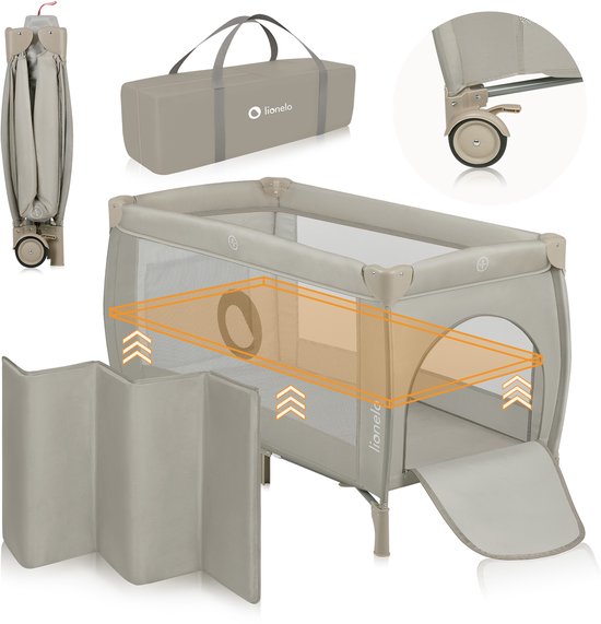 Lionelo Stefi Plus - Campingbedje 2in1 - Meegroeibed - Reisbedje en box voor kinderen tot 15 kg - Zijrtis - Hoogwaardige schuimmatras - Snel opvouwbaar