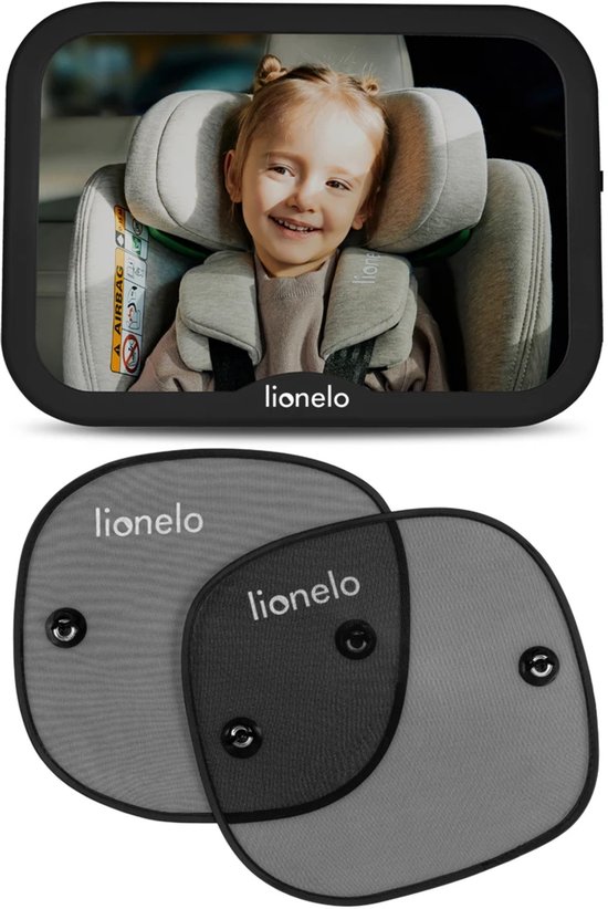 Lionelo Sunshade & Sett - Autospiegel Baby XL – Set: 2x Zonneschermen voor Autoraam + 360° Draaibare Babyspiegel – Universeel – UV-bescherming – Veilig Reizen – Opbergtas – Brede Kijkhoek – Onbreekbaar van LIONELO