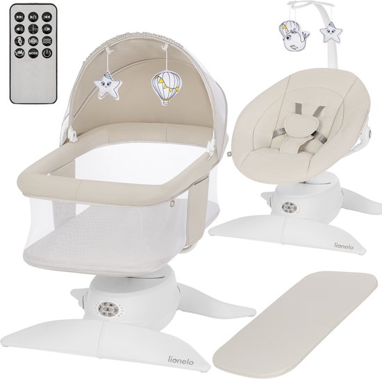 Lionelo Vivi Set Elektrische Babywipstoel 2in1 – Babyschommel & Wipstoel vanaf Geboorte tot 9 kg – - 360° Draaibare Zitting - Bewegingssensor - Bluetooth - Afstandsbediening - 5 Schommelsnelheden - T25 Matras