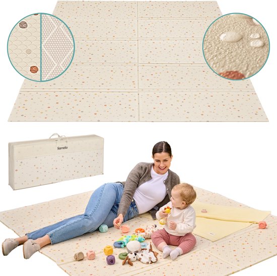 Lionelo Zora Speelmat Baby – Premium Foam Speelkleed 180×201×1,5 cm – Dikke Dubbelzijdige Kruipmat Antislip – Boho Beige Speeltapijt voor Woonkamer & Kinderkamer – Opvouwbaar + Opbergtas – Baby Speelgoed vanaf 0+ Maanden – Grote Speelmat voor Cadeau van LIONELO
