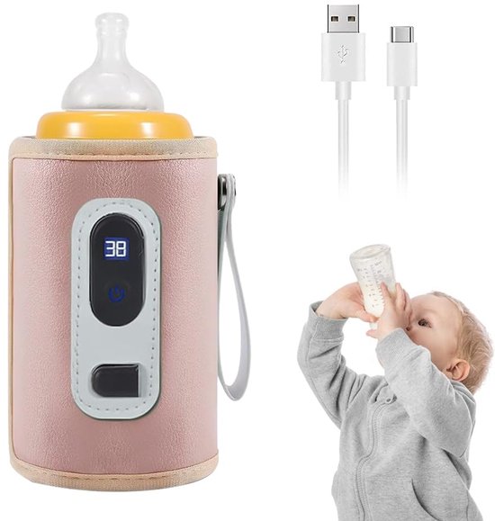 LISM-Babyflesverwarmer, draagbare babyflesverwarmer, USB-babyflesverwarmer, digitale temperatuurweergave, reisbabyflesverwarmer met lcd-scherm (roze) voor gebruik onderweg. van Lism