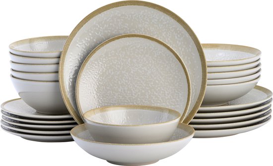 Lite-Body Serviesset - Beige Wit - 6 persoons - 24 delig - Bordenset - Ontbijtborden - Dinerborden - Diepe borden - Kommen - Servies - Vaatwasser en Magnetronbestendig - Chic en Trendy