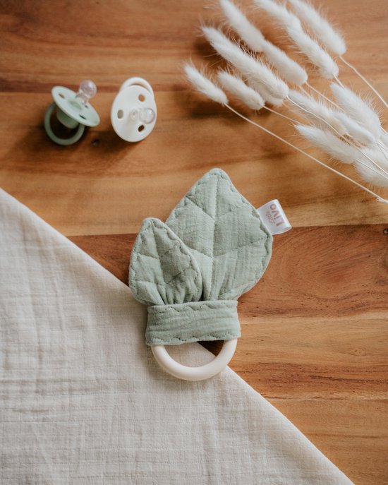 Little Livo Siliconen Bijtring Baby Mint met Knisperende Blaadjes – Handgemaakt – Mousseline Katoen – Bijtspeelgoed – Zacht & Veilig
