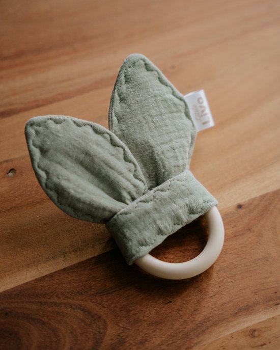 Little Livo Siliconen Bijtring Baby Mint met Knisperende Konijnoortjes – Handgemaakt – Mousseline Katoen – Bijtspeelgoed – Zacht & Veilig