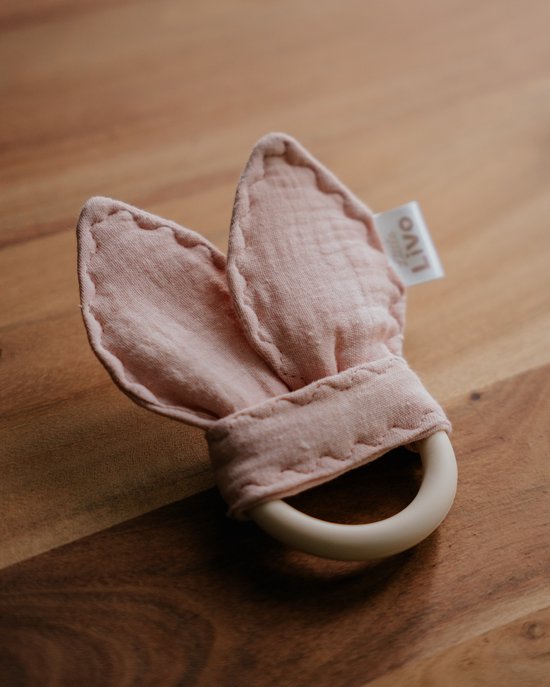 Little Livo Siliconen Bijtring Baby Roze met Knisperende Konijnoortjes – Handgemaakt – Mousseline Katoen – Bijtspeelgoed – Zacht & Veilig van Merkloos