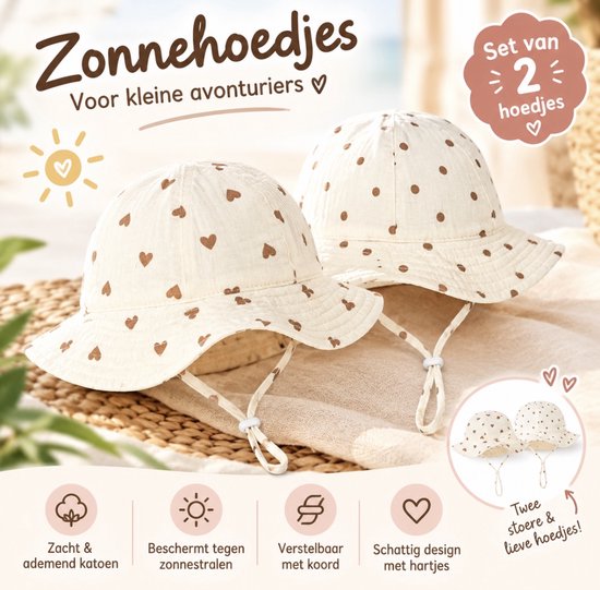 Little Olives - Zomerhoedje Baby Set van 2 - UV-bescherming 50+ - Kinder Zomerhoedje Meisje - Baby Zonnehoed met Kindband - UV beschermend - Hartjes en Stippen - Zomerhoedje voor Baby en Peuter - Kraamcadeau