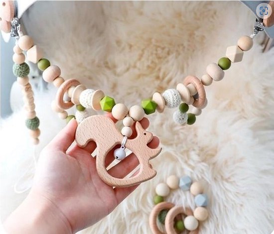 Littlecutiez - Wagenspanner Eekhoorn- Eekhoorn- - Gehaakt - Hout - Kralen - Kinderwagen - Buggy - Kraamcadeau - Baby van Littlecutiez