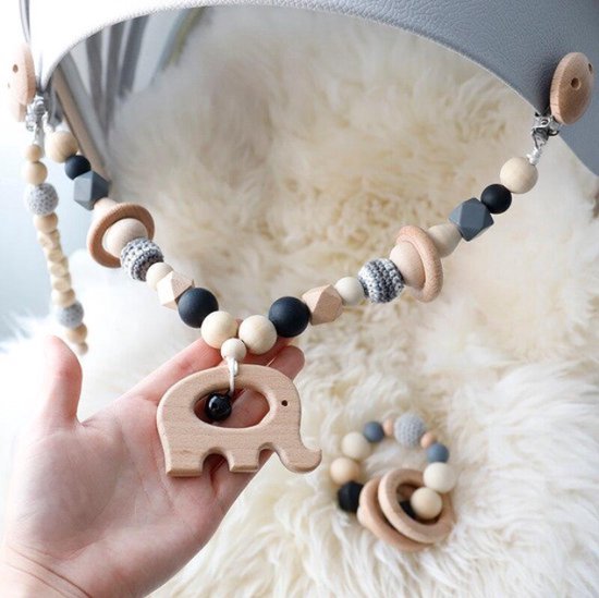 Littlecutiez - Wagenspanner Olifant - Gehaakt - Hout - Kralen - Kinderwagen - Buggy - Kraamcadeau - Baby - Zilver van Littlecutiez