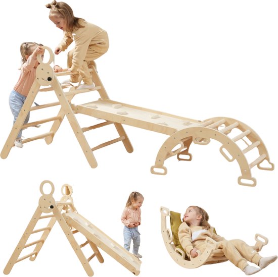 Livista Houten Klimrek - Pikler Driehoek met Glijbaan - Klimboog voor Binnen - Baby Speeltoestel - Hout Peuter Speelgoed - Leerzame Klimdriehoek van Livista