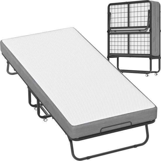 Logeerbed opvouwbaar met 13 cm dikke traagschuimmatras opvouwbaar bed reisbed opvouwbaar met stalen frame en 4 vergrendelbare wielen zwart opklapbed metalen bed tot 200 kg - 200x90cm van Merkloos