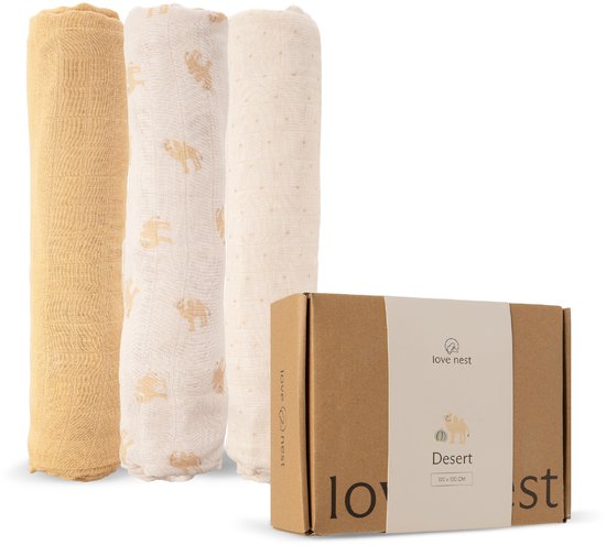Love Nest Hydrofiele Doeken Desert – 120x120 cm – Set van 3 – Tetradoeken Baby – Ultra Zacht & Absorberend – Voor Jongens en Meisjes – Kraamcadeau van Love Nest