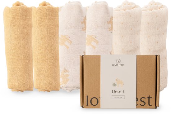 Love Nest Hydrofiele Doeken Desert– 60x60 cm – Set van 6 – Tetradoeken Baby – Ultra Zacht & Absorberend – Voor Jongens en Meisjes – Kraamcadeau van Love Nest