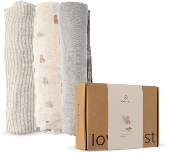 Love Nest Hydrofiele Doeken Jungle – 120x120 cm – Set van 3 – Tetradoeken Baby – Ultra Zacht & Absorberend – Voor Jongens en Meisjes – Kraamcadeau van Merkloos