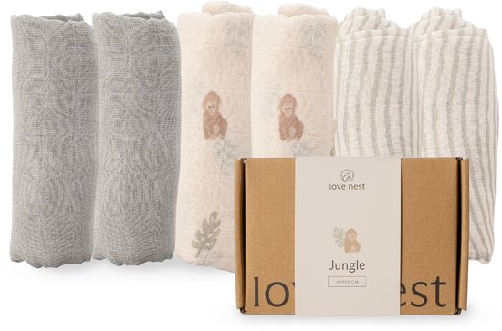 Love Nest Hydrofiele Doeken Jungle – 60x60 cm – Set van 6 – Tetradoeken Baby – Ultra Zacht & Absorberend – Voor Jongens en Meisjes – Kraamcadeau van Little Dutch
