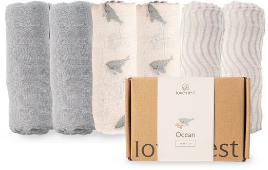 Love Nest Hydrofiele Doeken Ocean – 60x60 cm – Set van 6 – Tetradoeken Baby – Ultra Zacht & Absorberend – Voor Jongens en Meisjes – Kraamcadeau van Little Dutch