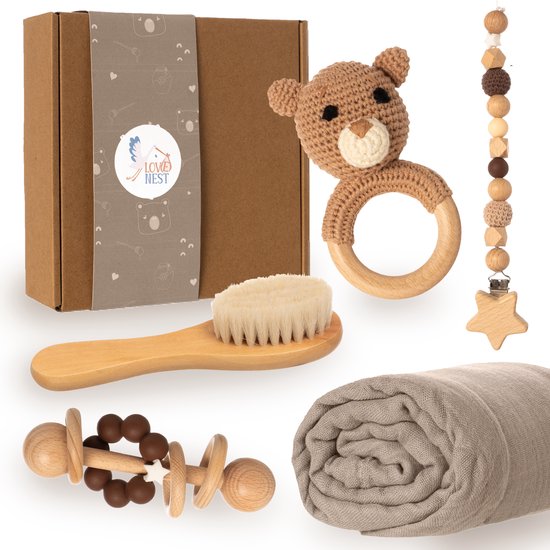 Love Nest Kraamcadeau Jongen / Meisje - Baby Cadeau Babyshower - Baby Bijtring, Speenkoord en Knuffeldoekje - Kraammand met Kraamcadeautjes van Love Nest