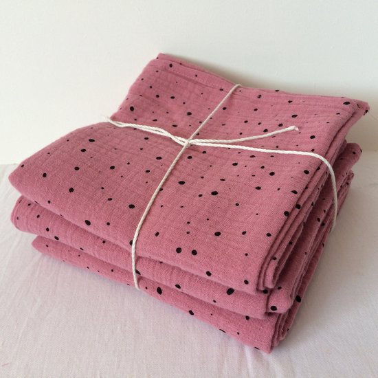 Lovely Stitches Hydrofieldoek Set – 3 Stuks – Mauve met Zwarte Stippen – 60x60 cm – Baby Hydrofieldoeken van Lovely Stitches
