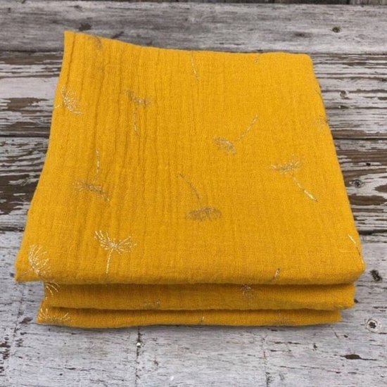 Lovely Stitches Hydrofieldoek Set – 3 Stuks – Okergeel met Metallic Paardenbloemen – 60x60 cm – Baby Hydrofieldoeken van Merkloos