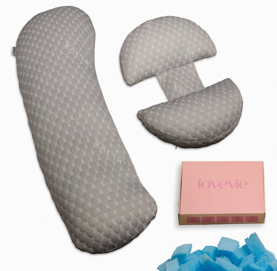 Lovevie Zwangerschapskussens 3-delig Licht Grijs - Memory Foam Vulling - Ondersteunend Lichaamskussen Met Extra Kniekussen - Verstelbaar Zijslaapkussen - Afneembare Wasbare Hoes - Voedingskussen - Premium Kwaliteit - Body Pillow - 90cm x 24cm van Lovevie