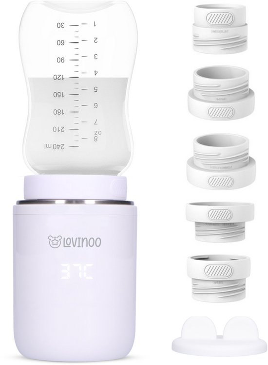 Lovinoo Flessenwarmer 2 stuks – 4 Temperatuurniveaus - Draagbaar & Draadloos - Flesverwarmer voor Babyvoeding – USB Oplaadbaar – Inclusief 5 Adapters - 13.200 mAh - Wit
