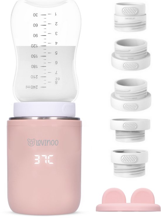Lovinoo Flessenwarmer Pro 2024 – Flessenwarmer Onderweg - Draagbare Flessenwarmer - Babyvoeding – Flessenwarmers – 4 Temperatuurniveaus – Flesverwarmer - Flessenwarmer Draadloos – USB Oplaadbaar – Inclusief 5 Adapters - 13.200 mAh - Roze van Lovinoo