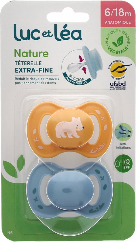 Luc et Léa Nature 2 Anatomische Fopspenen Extra-Fijne Speen 6-18 Maanden (Modellen : Beer Geel en Blauw) van Merkloos