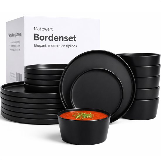 Luft Serviesset 6 Persoons - Bordenset - Kommen - Eetborden - Modern - Massief Aardewerk, Keramiek - Mat zwart - 18 delig