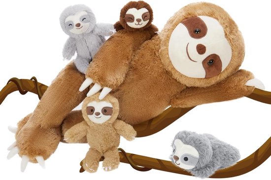 Luiaard Knuffel - Pluche Dier - Spelen en Knuffelen - Met 4 Baby's - 56 cm - Bruin-Wit