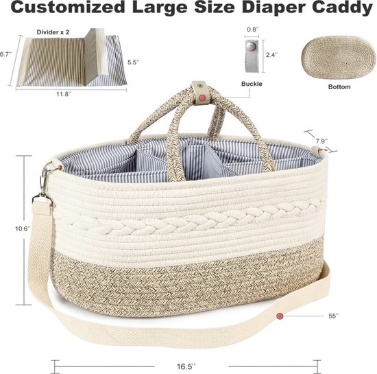 Luier Caddy, Baby Luier Caddy Organizer, Groot, 5 Roosters, 8 Zakken, Schouderriem Draagbare Kwekerij Opbergmand Bak met 2 Verwisselbare Compartimenten, 100% Katoen, Pasgeboren Cadeau van Maliton