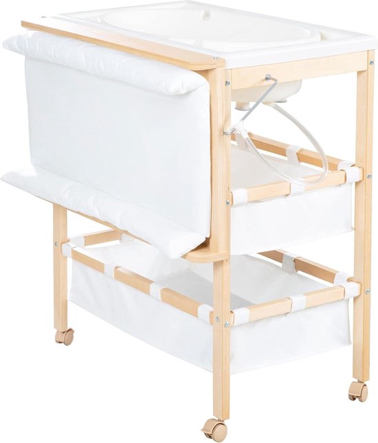 Luiercombinatie inklapbaar met badkuip hout naturel incl. aankleedkussen wit - Baby Pool Babybad van Baby Pool