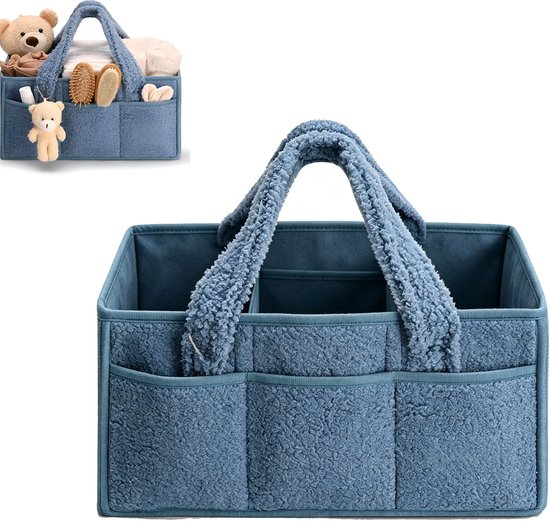 Luiermand - Babyopbergmand - Verzorgingsmand - Reismand - Zachte teddy stof comfortabele handvatten - Verstelbare binnenverdelers meerdere voorzakken - Teddy fleece - 38×25×18 cm - Geschikt voor babykamer kraamcadeau thuisopruiming - Blauw