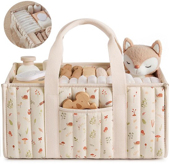 Luiermand Bloemenpatroon - Baby Commode Organizer - Quilted Katoen Luiertas - Grote Opbergmand met Vakken & Handgrepen - Babykamer Decoratie - Kraampakket Organizer - Beige & Oranje van Merkloos