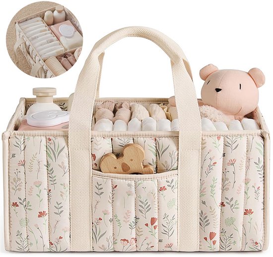 Luiermand Bloemenpatroon - Baby Commode Organizer - Quilted Katoen Luiertas - Grote Opbergmand met Vakken & Handgrepen - Babykamer Decoratie - Kraampakket Organizer - Beige van Merkloos