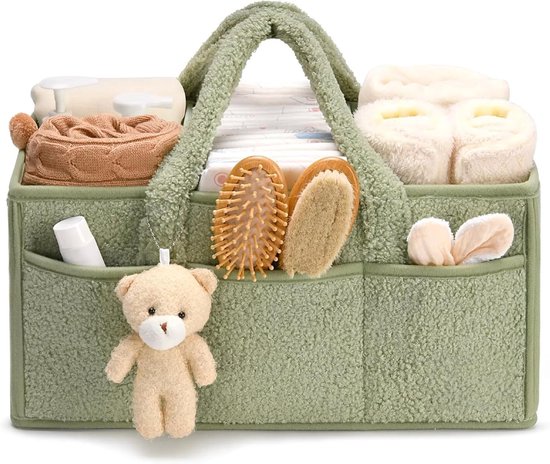 Luiermandje - Baby Organizer - 38x25x17cm - Saliegroen - Commode Organizer - Zachte Pluche Opbergmand - Verschoonmandje - Babykamer Decoratie - Kraamcadeau - Modulair met Afneembare Verdelers