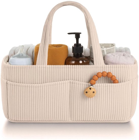 Luieropbergmand - Luiertas - Luiermand met grote capaciteit - Luieropbergmand voor in de auto - 35x23x18cm - Opvouwbaar - Corduroy - Geschikt voor auto-interieurs, kinderkamers, badkamers en buitenactiviteiten - Beige