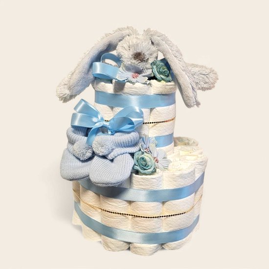 Luiertaart 2-Laags blauw met Happy Horse Richie Knuffeldoekje blauw – Perfect als Kraamcadeau! van Mococo
