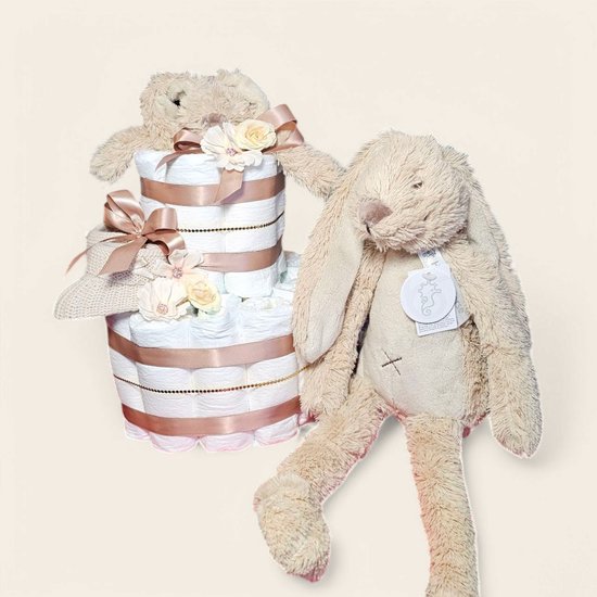 Luiertaart 2-Laags met Happy Horse Richie Knuffeldoekje beige - Perfect als Kraamcadeau! + knuffel richie 38 cm van BamBam