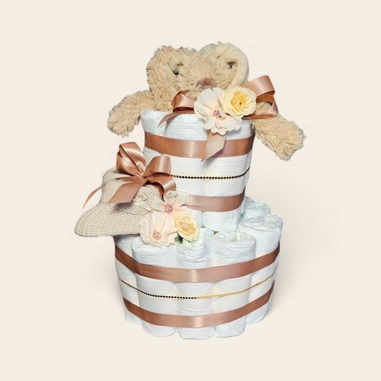 Luiertaart 2-Laags met Happy Horse Richie Knuffeldoekje beige - Perfect als Kraamcadeau! van Bolly's Gifts